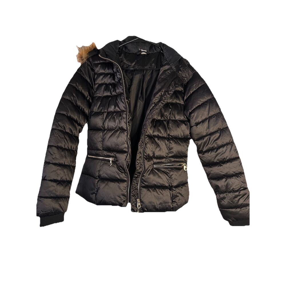 H&M Women’s Sz 6 Black Puffed Hooded Zip Up Jacket Coat Removable Faux Fur Trim